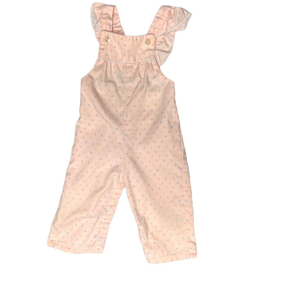 Vintage 80s 18-24 Months Pink Overalls Micro Floral Print Ruffle Romper Snap Leg